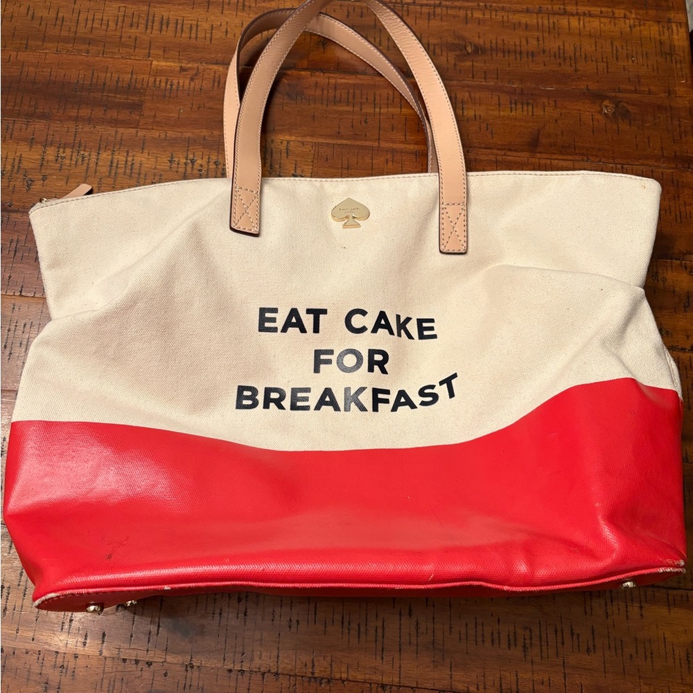 Kate Spade Red and Cream Canvas Tote with Playful Text